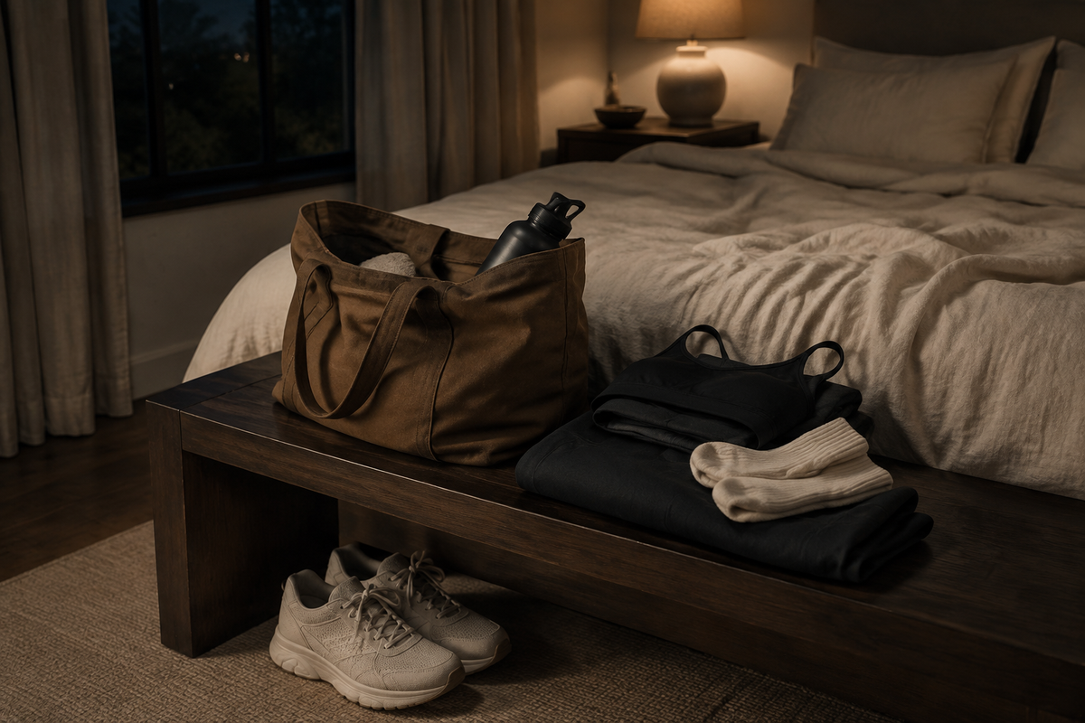 Workout clothes, trainers, and a gym bag set out beside a bed for an early morning session.